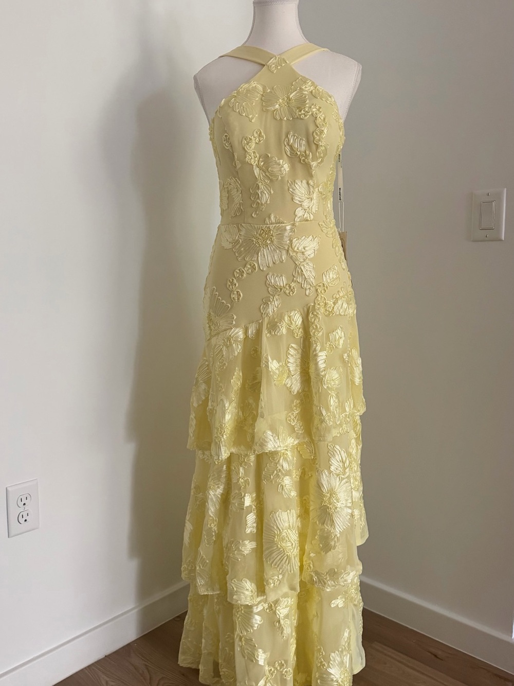 Fairycore luxury formal Yellow Floral Lace Halter Evening Dress